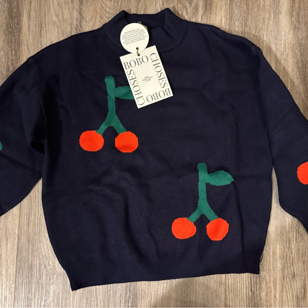 Bobo Choses Dark Blue Sweater with Red Cherry Motif